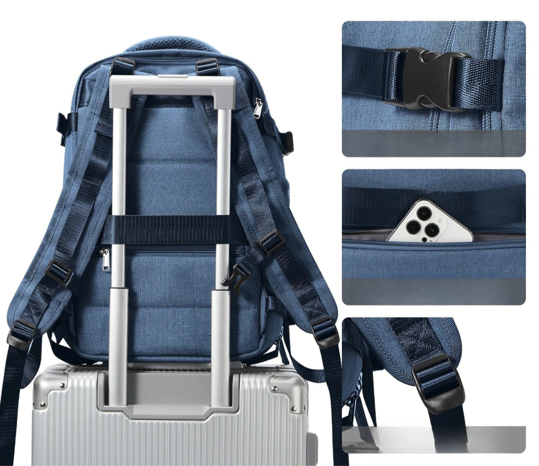 Airline approved compact travel backpack in black, perfect for weekend travel, daily use, or school essentials.
