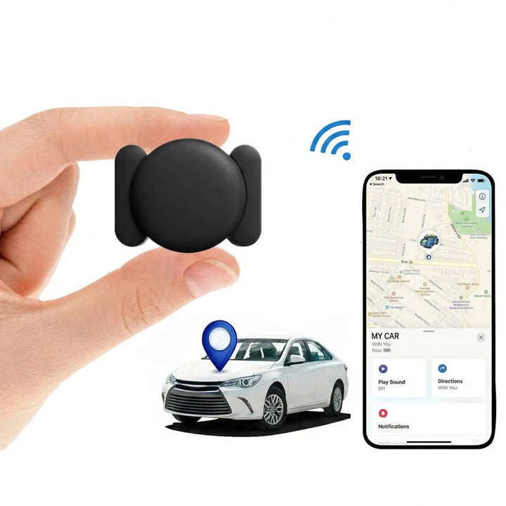 Compact vehicle GPS tracker with magnetic mount, real-time tracking via smartphone app. No subscription.