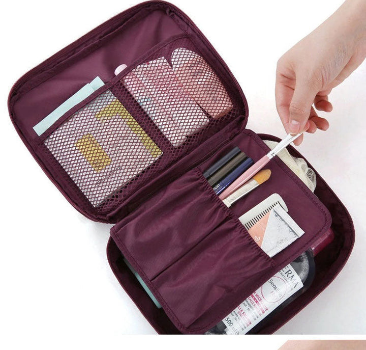 Compact women's beauty organizer, waterproof and portable, ideal for weekend trips.