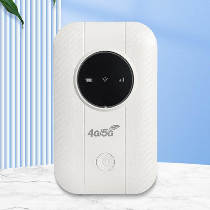 White portable WiFi router for travel; a mobile hotspot providing wireless internet with no subscription.