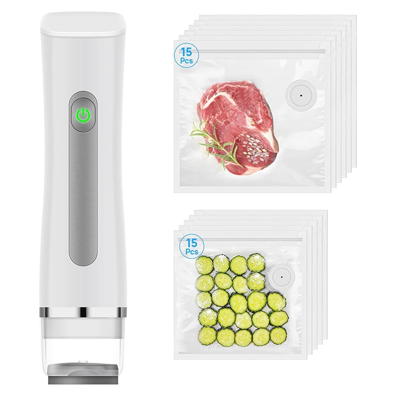 Compact wireless vacuum sealer with included reusable bags for fresh food storage