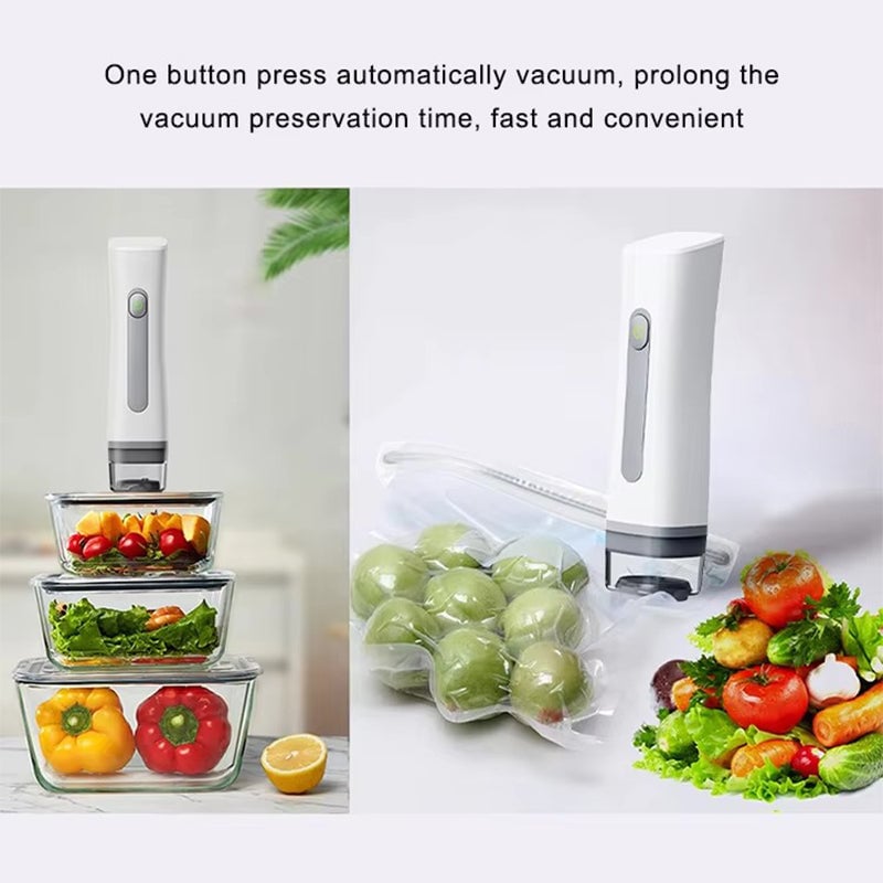 Compact wireless vacuum sealer and reusable bags, neatly organized on a kitchen counter