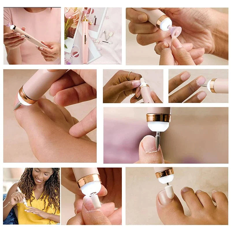 Manicure set demonstrating different speeds and rotational directions of electric file