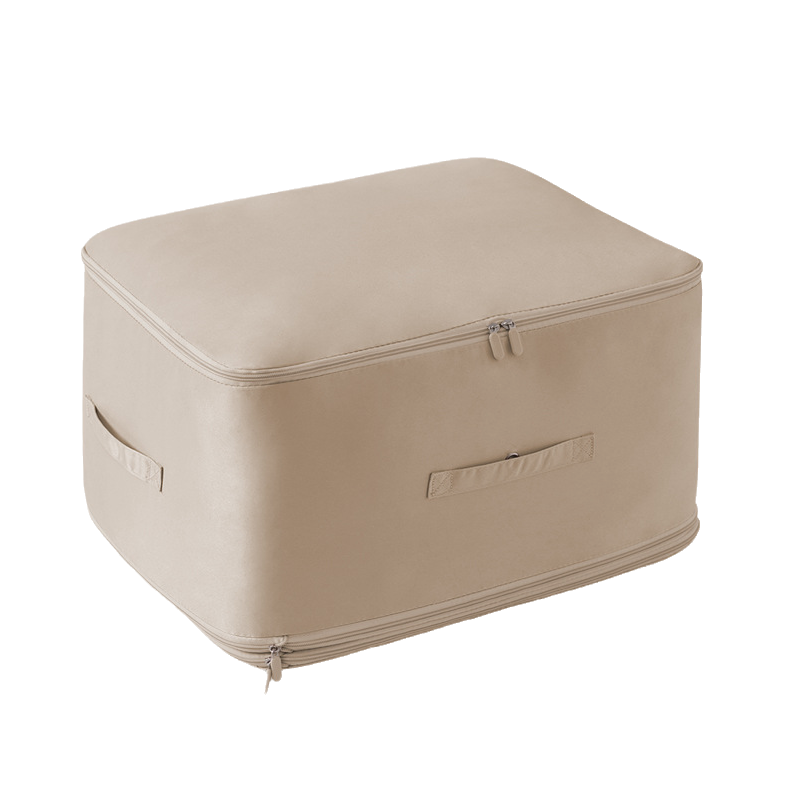 Bedding organizer: a compression storage bag for duvets, shown in a clean home environment