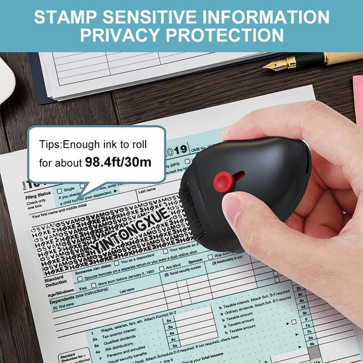 Office tool: Privacy roller stamp, red casing, essential for document security and shredder alternative