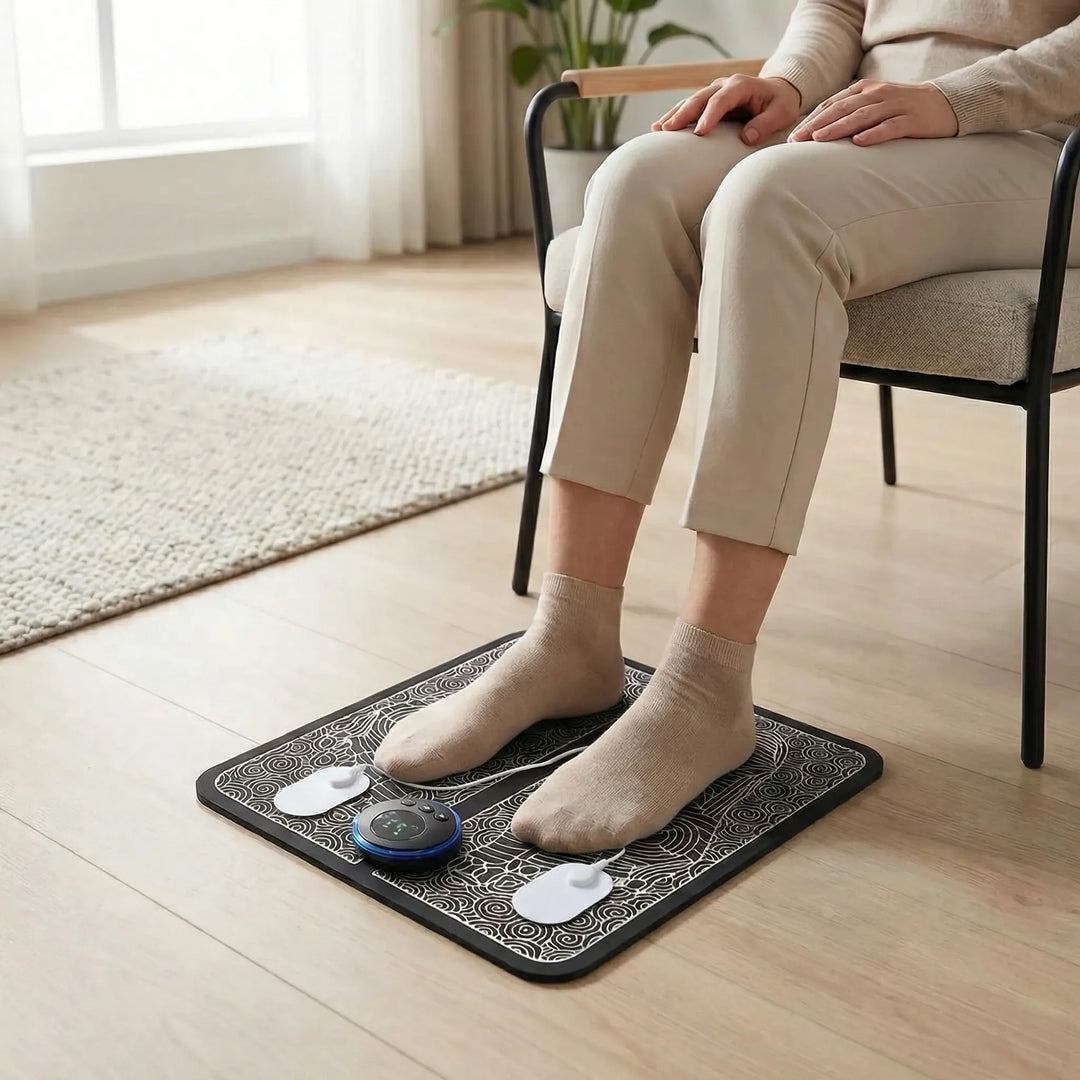 Unisex cordless EMS foot massager mat with Flowique wave design for ultimate relaxation & muscle relief.