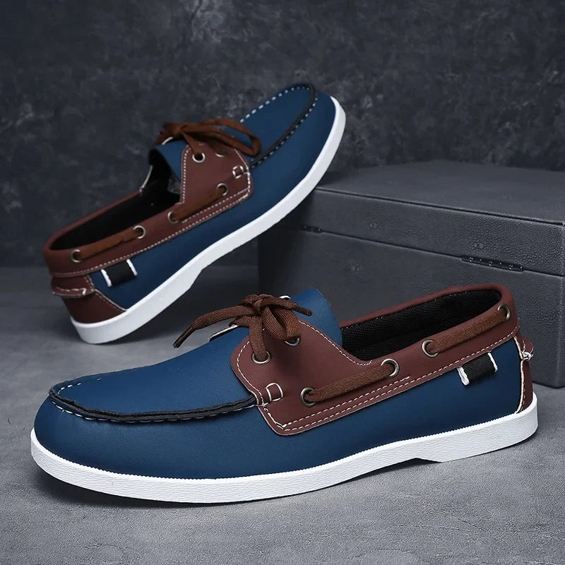 Close-up of the stitching on Corvan men's deck loafers, indicating quality craftsmanship in vegan shoes.