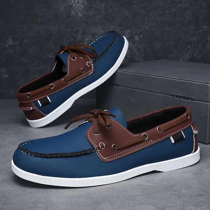 Close-up of the stitching on Corvan men's deck loafers, indicating quality craftsmanship in vegan shoes.