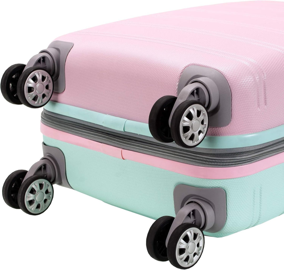 Vibrant Cotton Candy expandable hardside carry-on luggage, ready for travel with smooth double spinner wheels.