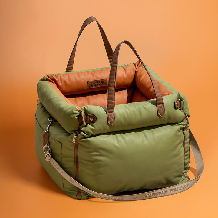 Cozy faux leather dog car seat for safe pet travel. PawLuxury booster for ultimate comfort & security.