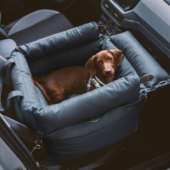 PawLuxury faux leather dog car seat. Ultimate comfort & safety for your pet's car adventures.