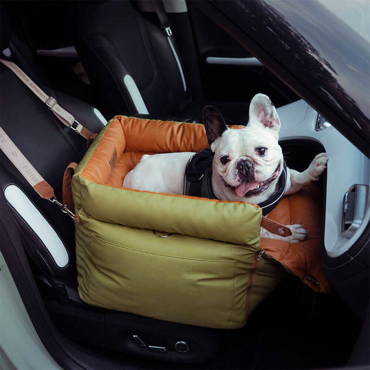 PawLuxury pet gear: faux leather dog car seat. Comfort, safety, and security for your traveling pet.