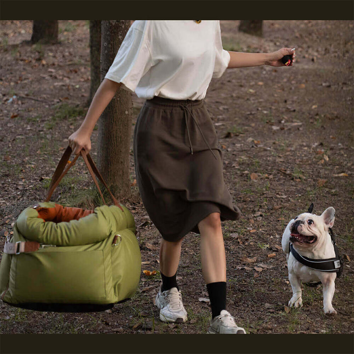 Washable faux leather dog car seat. A portable booster bed ensuring pet comfort & safety.