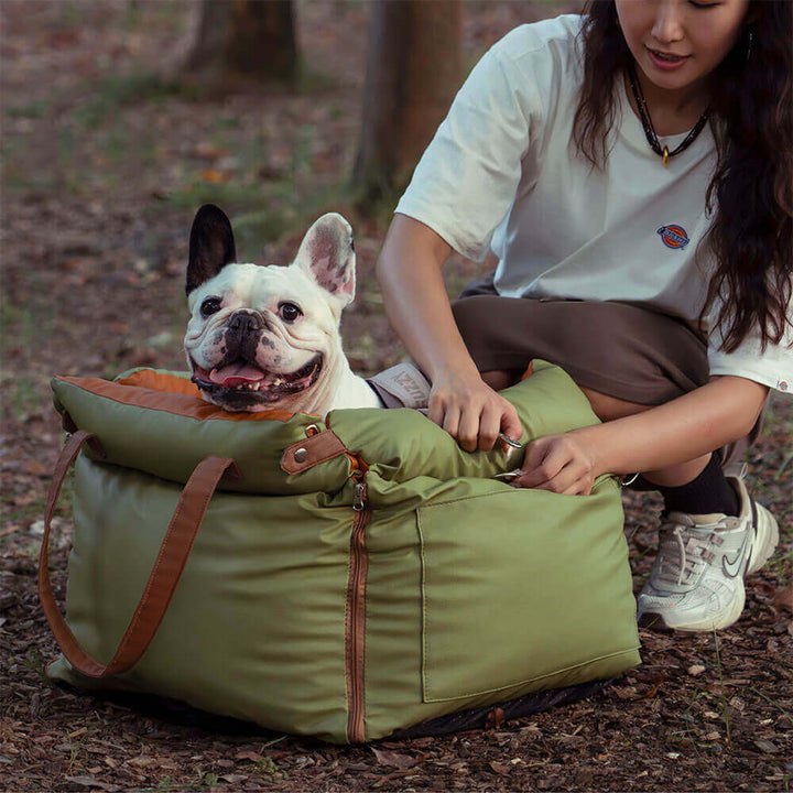Premium pet car accessory: faux leather dog car seat. Secure, cozy, and comfortable travel for dogs.