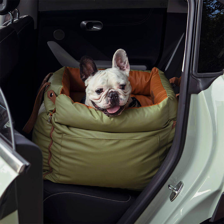 Elegant faux leather dog car seat. Offers superior pet comfort & safety for all road trips.