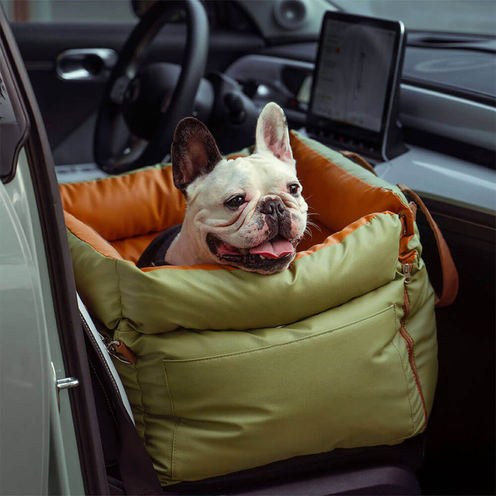 Adjustable faux leather dog car seat. Ensures a snug fit for safety & comfort during pet travel.