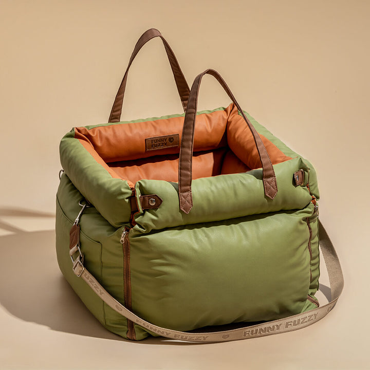 Secure pet travel booster seat. Faux leather dog bed for ultimate comfort and peace of mind.