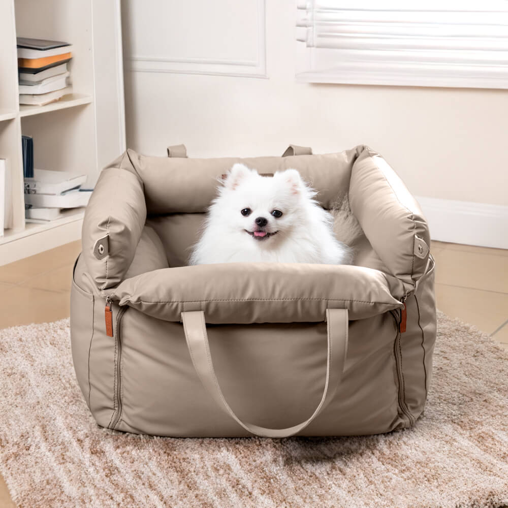 Secure dog car seat with faux leather. A comfortable pet travel booster for stress-free journeys.