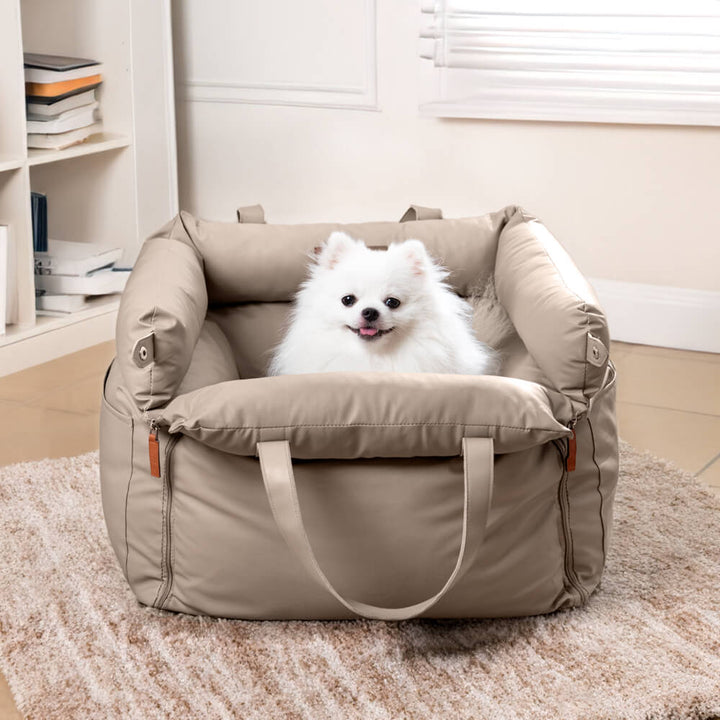 Secure dog car seat with faux leather. A comfortable pet travel booster for stress-free journeys.