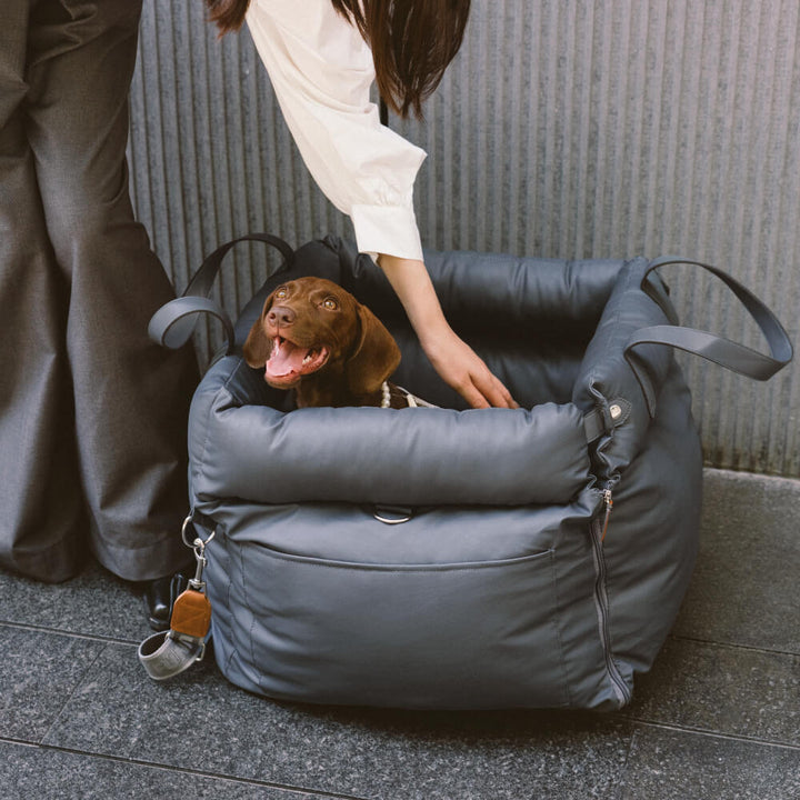 Portable faux leather dog car booster seat. Provides pet comfort & safety during car travel.