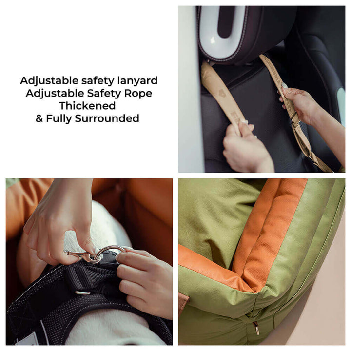 Premium faux leather dog car seat. Enhances pet comfort & safety on every journey. Portable design.