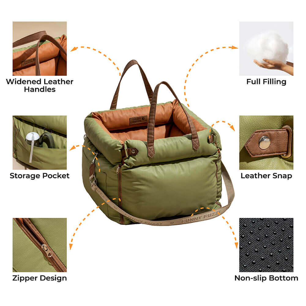 Luxury faux leather dog car seat. Ensures your pet's comfort & safety during all car trips.