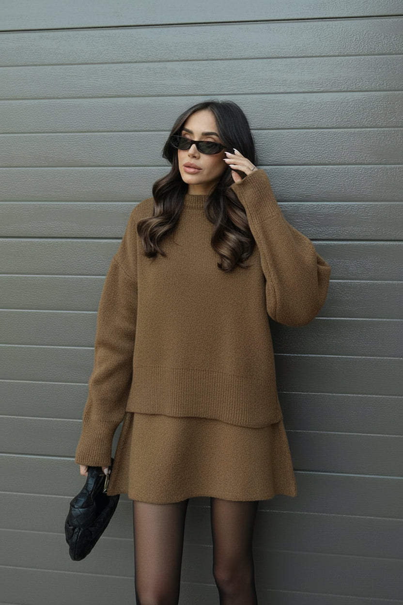 Stylish women's knit sweater and mini skirt combination, a trendy and comfortable spring fashion choice.