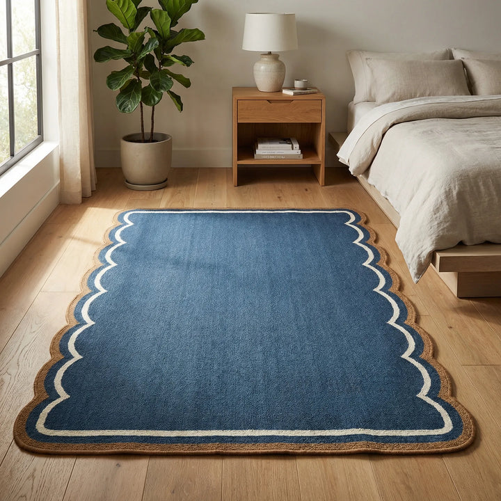Scalloped cloud area rug, a cozy retro-modern piece with soft waves for inviting home interiors.