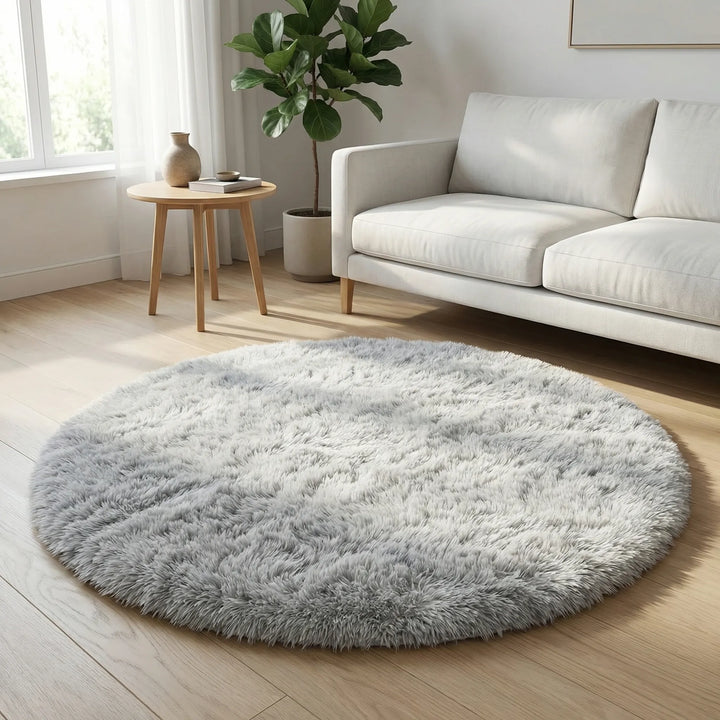 Luxurious round plush rug featuring a unique tie-dye design, ideal for soft comfort in any room.