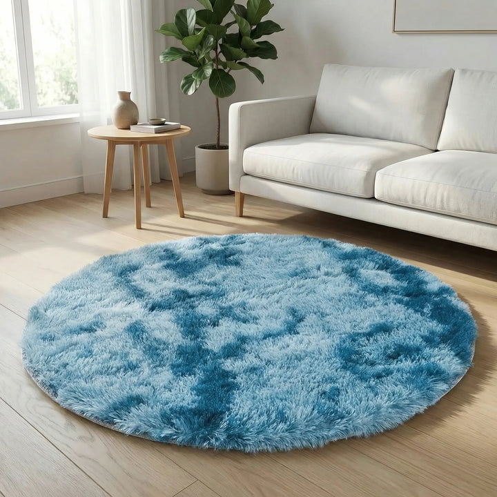 Comfortable round plush tie-dye area rug, Flowique wave pattern, bringing soft comfort & style.