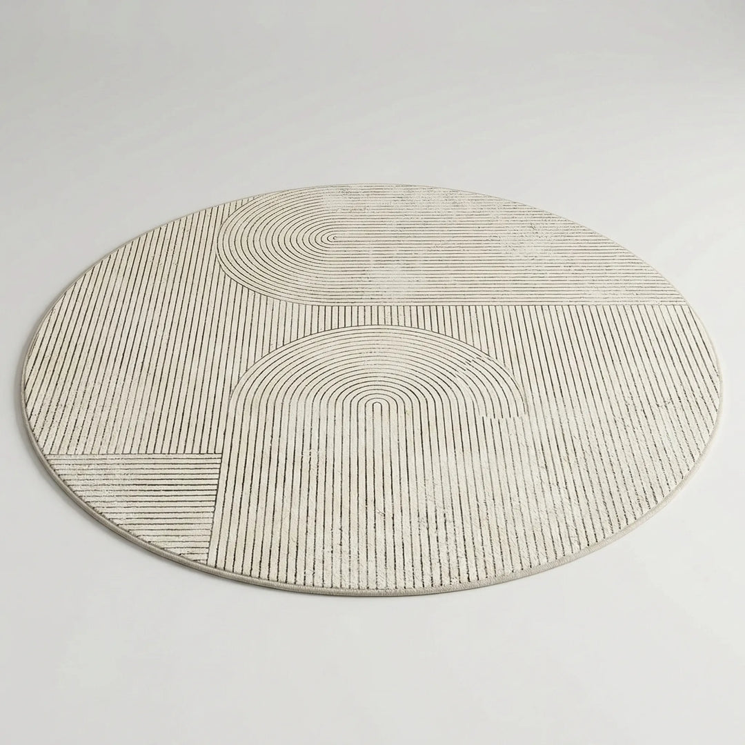 Flowique statement round area rug with unique geometric wave pattern, soft velvet, ideal for bedroom home decor.