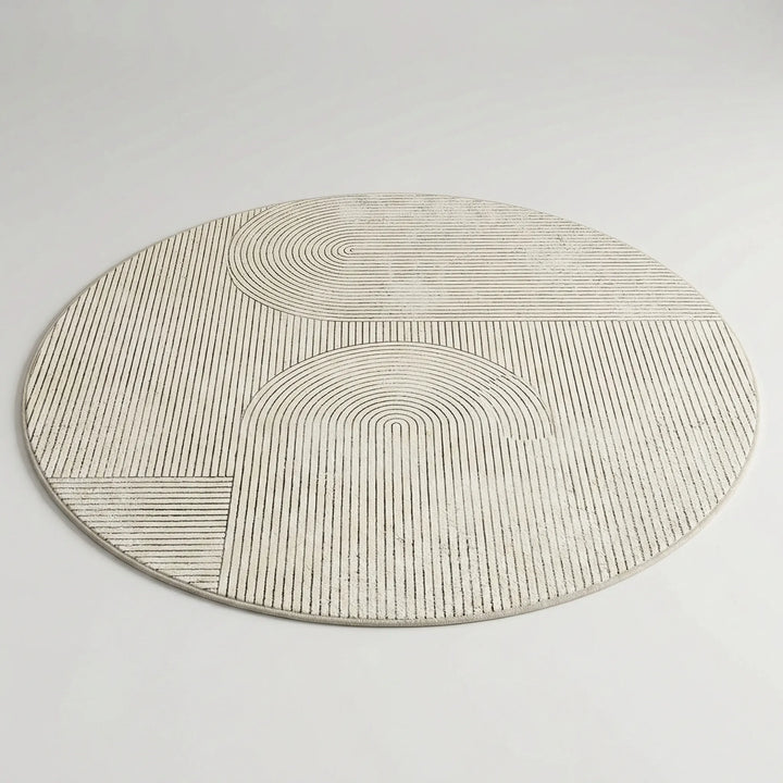Flowique statement round area rug with unique geometric wave pattern, soft velvet, ideal for bedroom home decor.