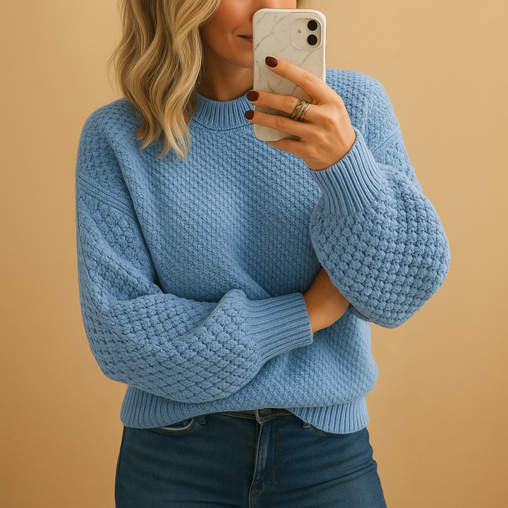 Ladies' cozy textured knit pullover, a relaxed fit sweater for cold weather and casual style