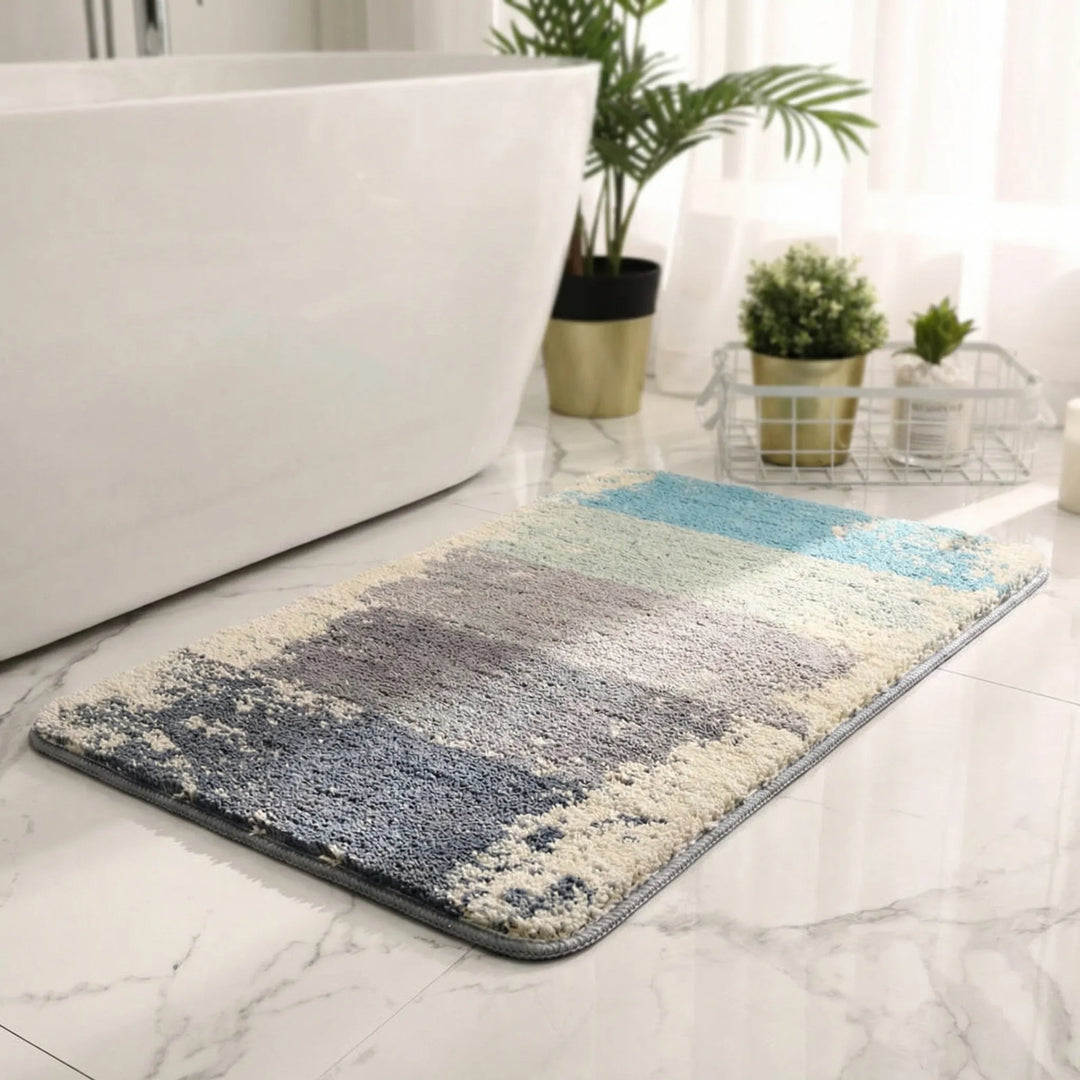 Cozy vintage inspired bath rug with non-slip backing, ideal for elegant bathroom decor & comfort.