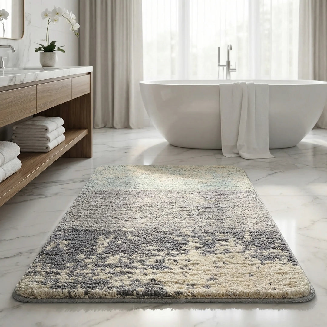Statement bath rug with Flowique wave design, vintage feel & non-slip security, a washable cozy home accent.