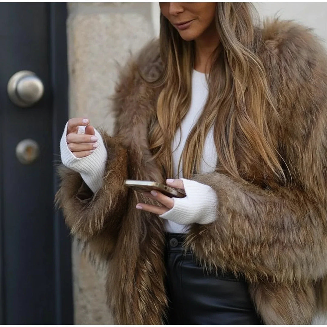 Chic women's plush short jacket in brown, an elegant and versatile open-front outerwear for fall fashion.