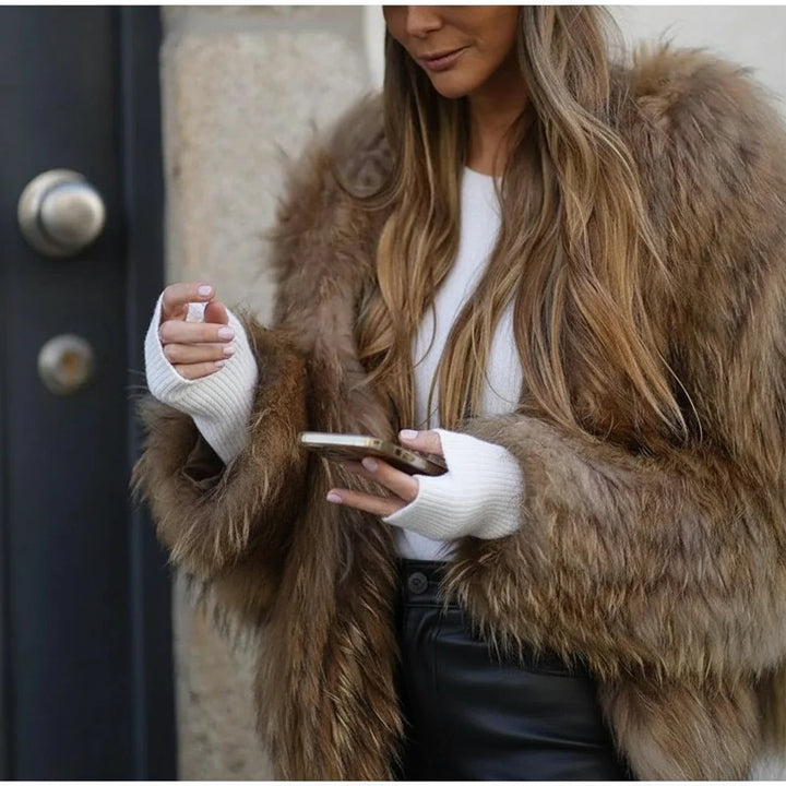 Chic women's plush short jacket in brown, an elegant and versatile open-front outerwear for fall fashion.
