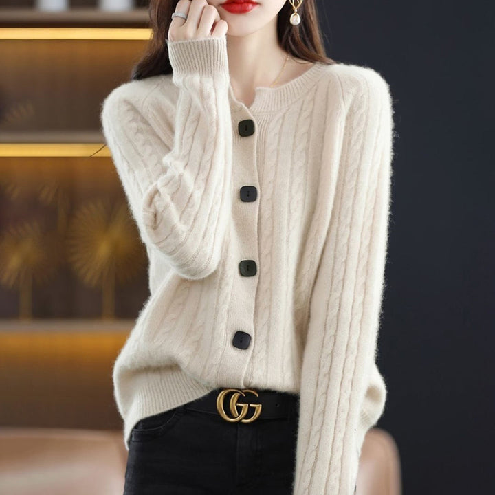 Cozy women's button-up cardigan in a relaxed fit, perfect for winter fashion over a casual outfit.