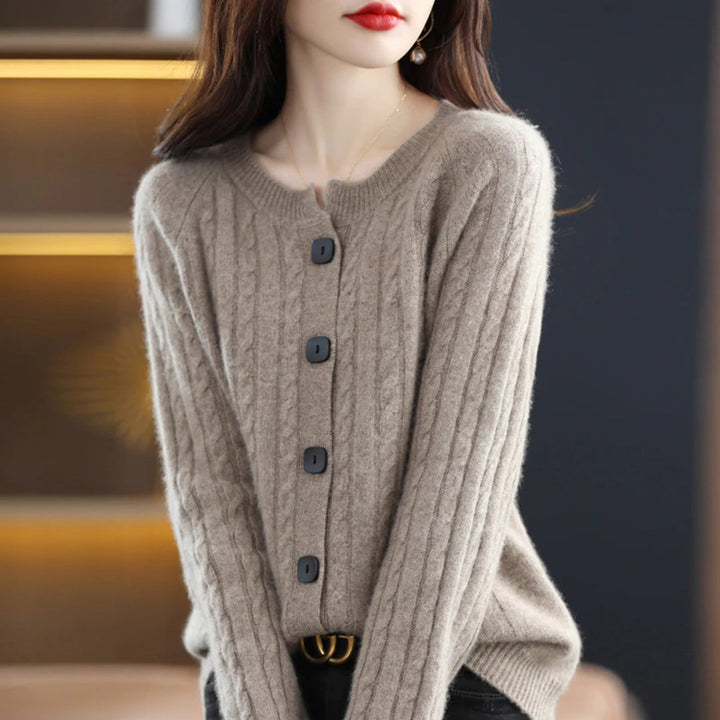 Warm, relaxed fit women's cardigan with a button-up front, suitable for everyday casual wear.