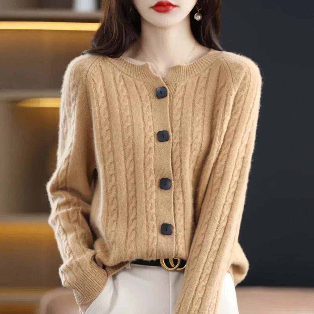 Cream-colored cozy button-up cardigan for women, featuring a relaxed fit and detailed knitwear texture.