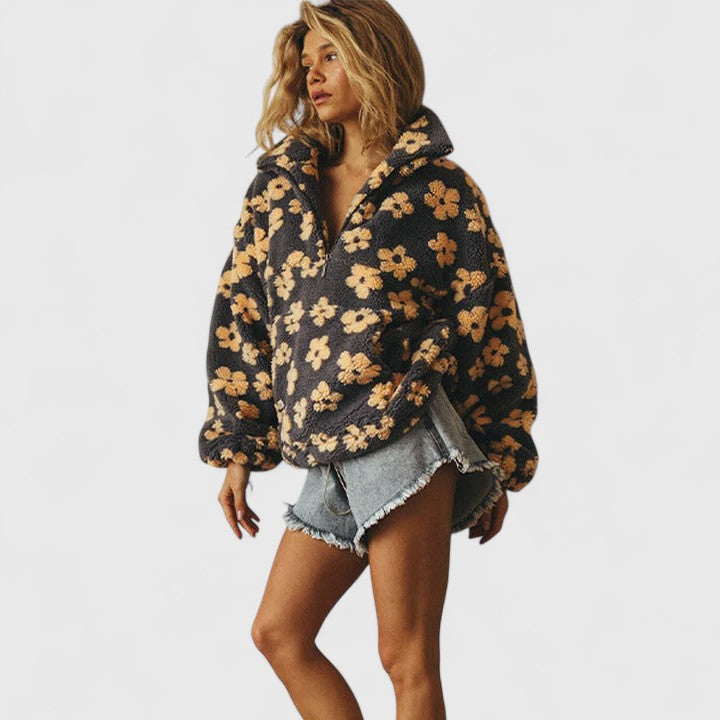 Comfortable women's floral quarter-zip pullover sweater. Chic design for winter & autumn fashion, very cozy.