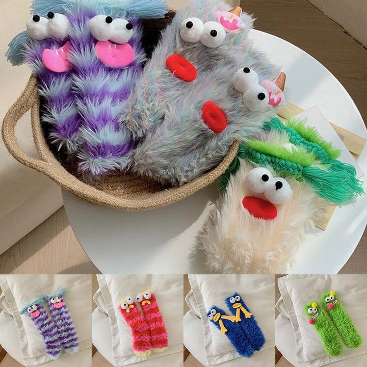 Warm women's fluffy cartoon monster socks, vibrant colors, perfect for cozy winter wear.