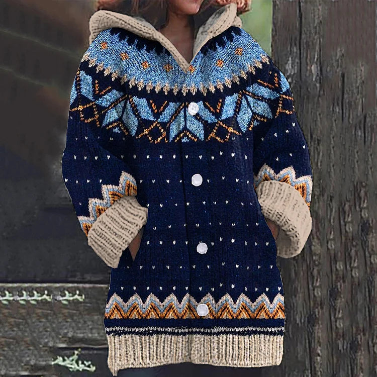 Stylish multicolor women's winter cardigan. Soft, cozy long sleeve sweater with blue, orange, green hues.