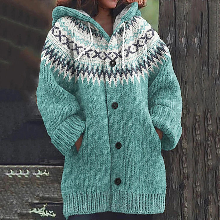 Comfortable green women's long sleeve cardigan. Soft, stylish layering piece for cozy winter fashion.