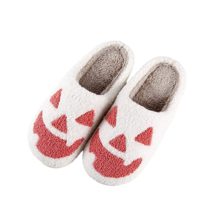 Plush women's footwear: charming ghost design house slippers, perfect for Halloween comfort.