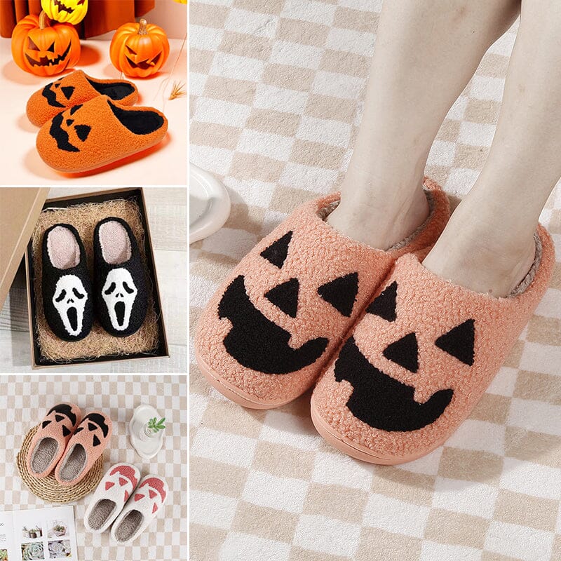 Pair of women's autumn plush slippers featuring a cute ghost motif and non-slip sole.