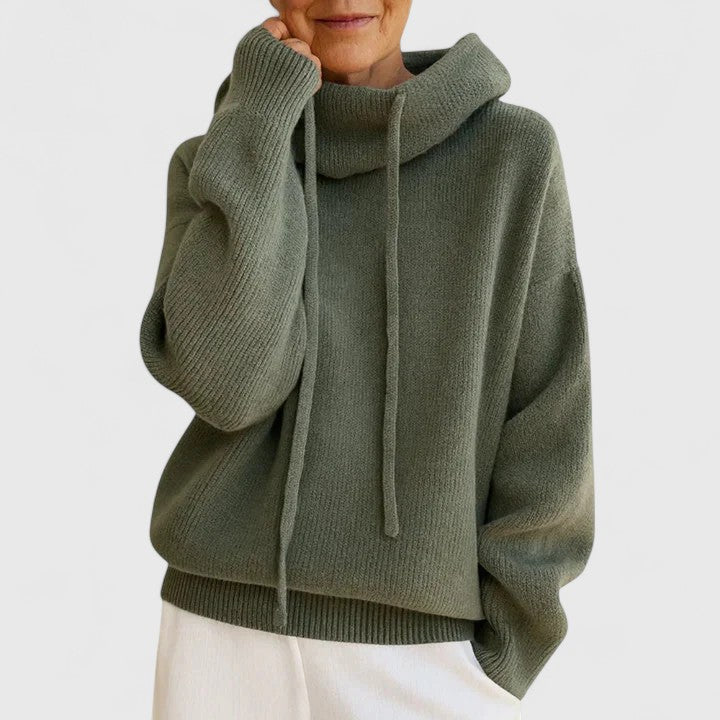 Cozy women's pullover sweater with drawstring cowl neck, perfect for winter fashion & everyday comfort.
