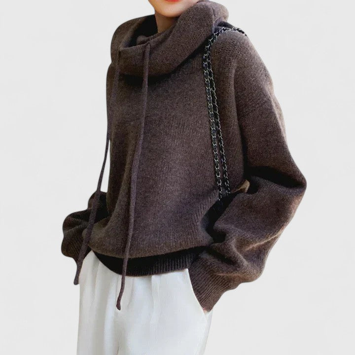 Stylish & cozy women's cowl neck pullover sweater with drawstring; ideal for relaxed everyday wear & comfort.
