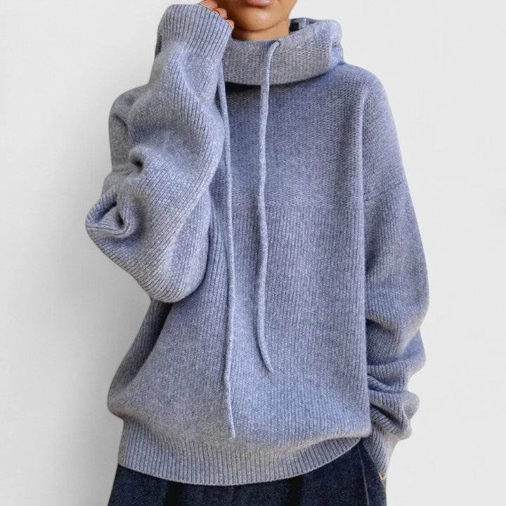 Women's pullover sweater with elegant drawstring cowl neck. A cozy top for stylish everyday and winter wear.