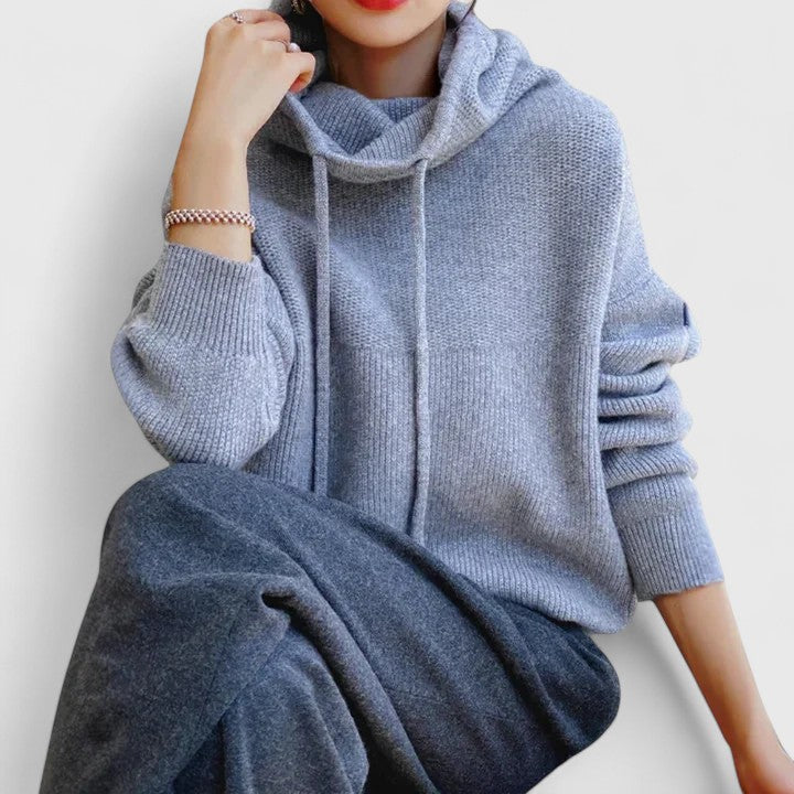 Versatile women's drawstring cowl neck pullover sweater for everyday wear. Cozy, stylish, and relaxed fit comfort.
